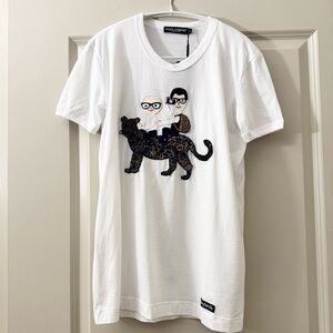 NWT Dolce & Gabbana White T-Shirt with Sequin Cat Design